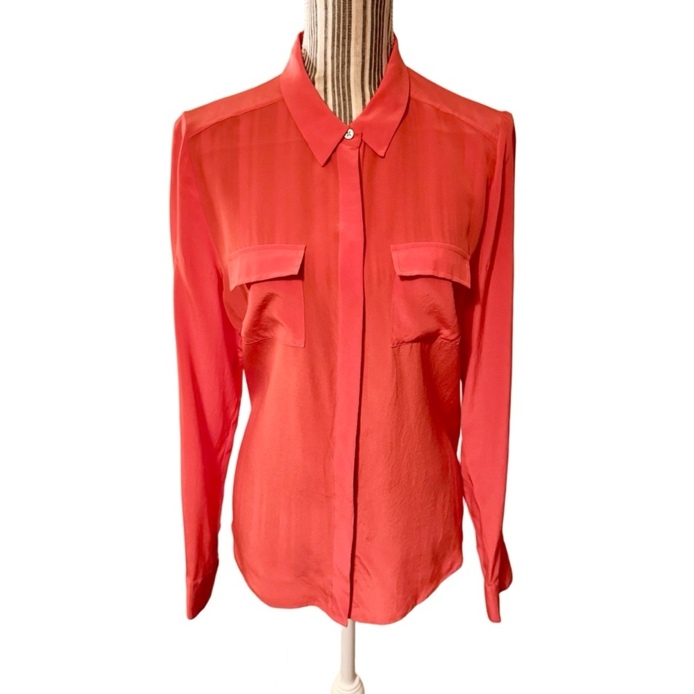 Ann Taylor Vibrant Orange Button-Down Silk Shirt size 12 - Picture 2 of 11